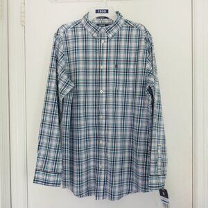 NEW Izod boys turquoise navy white plaid button down dress shirt size XL